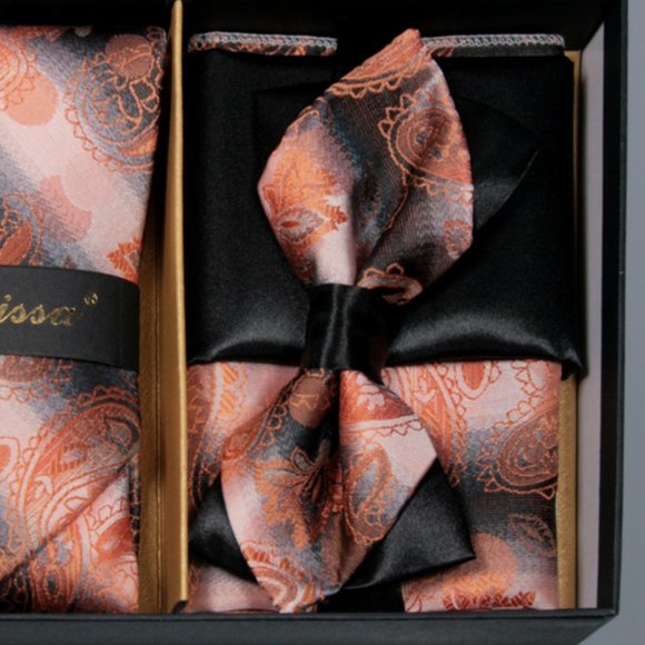 6 Piece Black Peach Paisley Necktie & Bow Tie Set - Picture 4 of 6